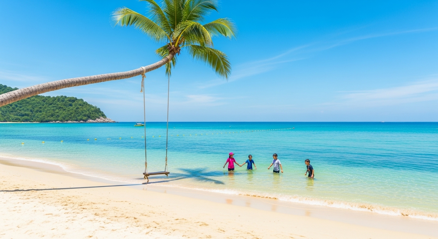 Bãi Sao, Phú Quốc hiện lên với vẻ đẹp thơ mộng dưới ánh nắng chan hòa. Bãi cát trắng mịn như kem trải dài, làn nước biển trong xanh màu ngọc bích. Chiếc xích đu huyền thoại treo trên cây dừa nghiêng mình ra biển tạo nên một khung cảnh check-in hoàn hảo.