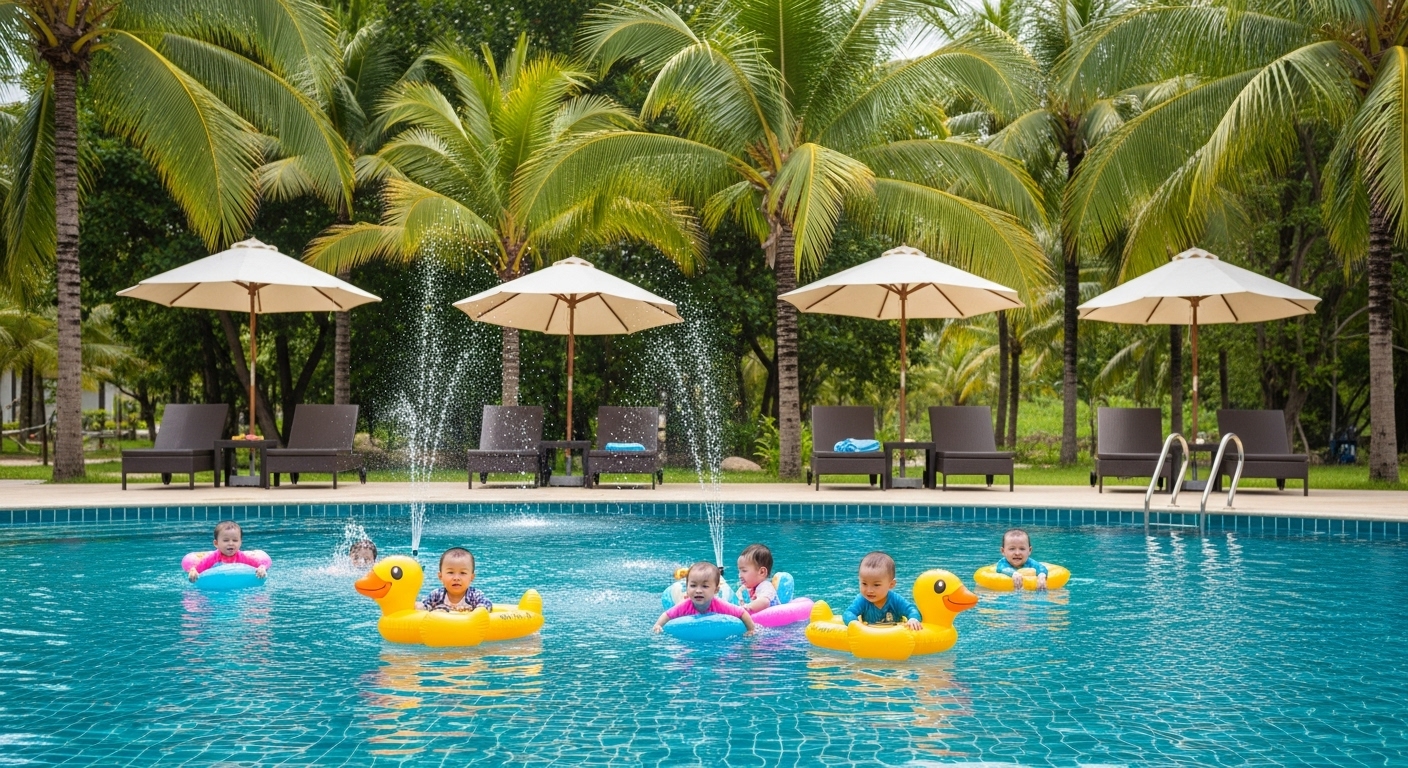 Hồ bơi của một resort gia đình ở Phú Quốc, được thiết kế với khu vực nước cạn an toàn cho trẻ em.